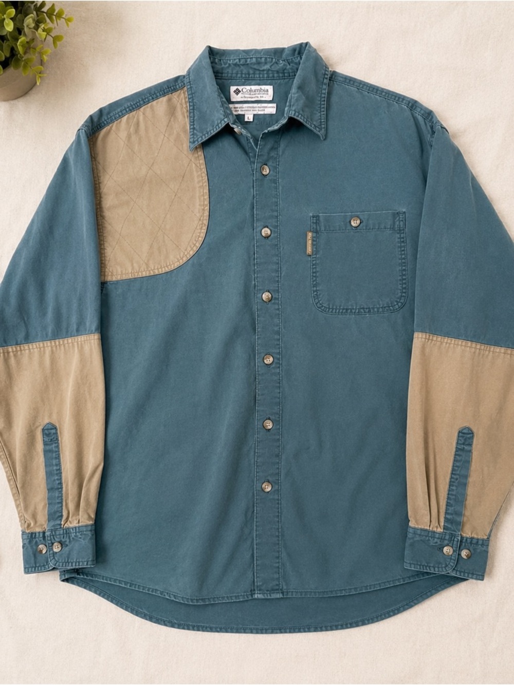 Columbia Sportswear Vintage Shooting Shirt Men’s Large Teal Khaki 100% Cotton